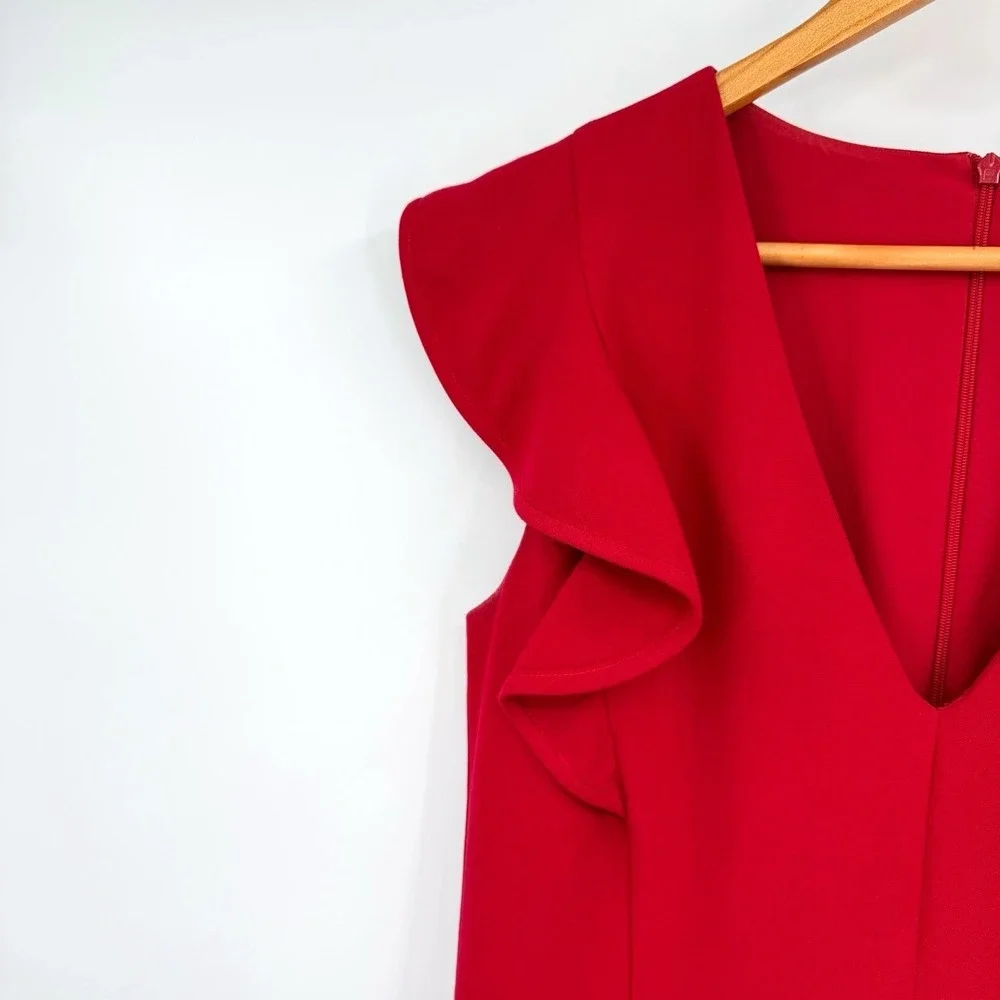 Black Halo Womens Size 8 Jumpsuit Red Ruffle Shoulder Formal Cocktail City Sleek